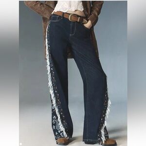 Driftwood Western Frankie High-Rise Wide-Leg Embroidered Fringe Jeans NWT Sz 28